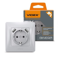 Розетка одинарная с заземлением и 2USB серебряный шелк Videx Binera 
